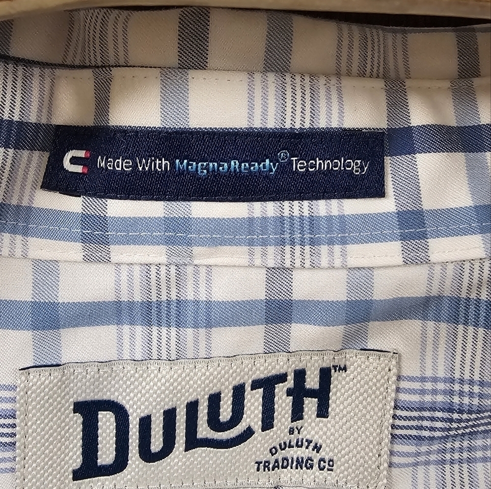 Duluth Trading Magnaready Relaxed Fit Shirt L Tall Blue Plaid Short Sleeves - Picture 5 of 6